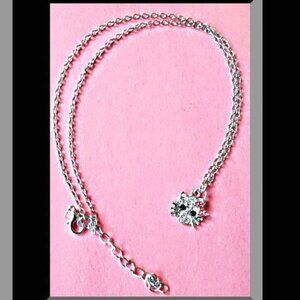 Hello Kitty Theme Necklace Silver Tone With Clear Black & Pink Crystals For Kids